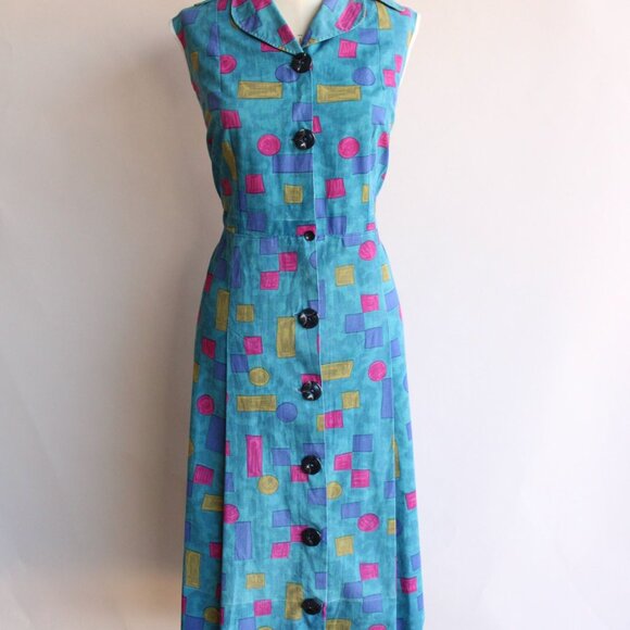 Vintage 1960s Dress, Blue Shirtwaist in Cotton, Volup Size, Geometric Shape - Picture 2 of 10